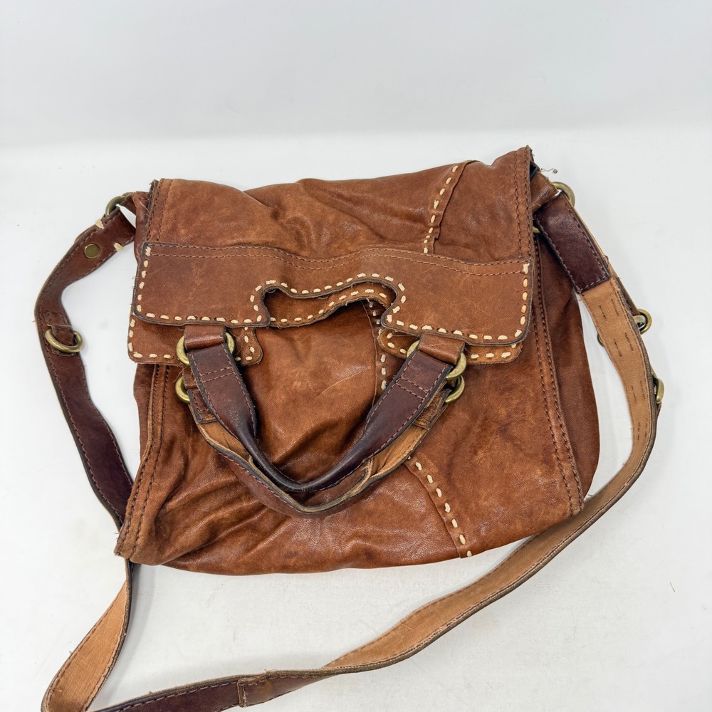Lucky Brand Crossbody Bag Brown Medium Leather Whipstitch Boho Western Rustic